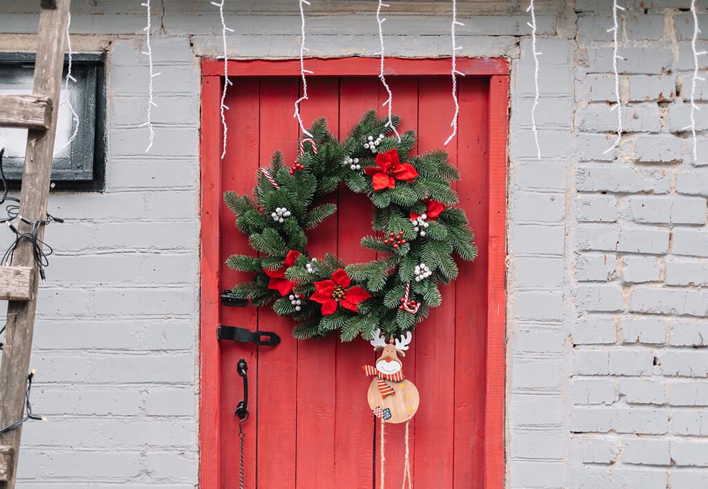 West Chester Holiday Home Tour Image of Red Door with Christmas Wreath