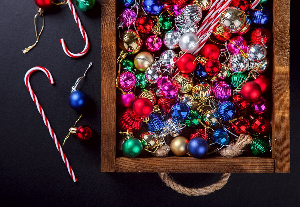 Vibrant Holiday Decor of Candy Canes, multi colord Christmas Balls